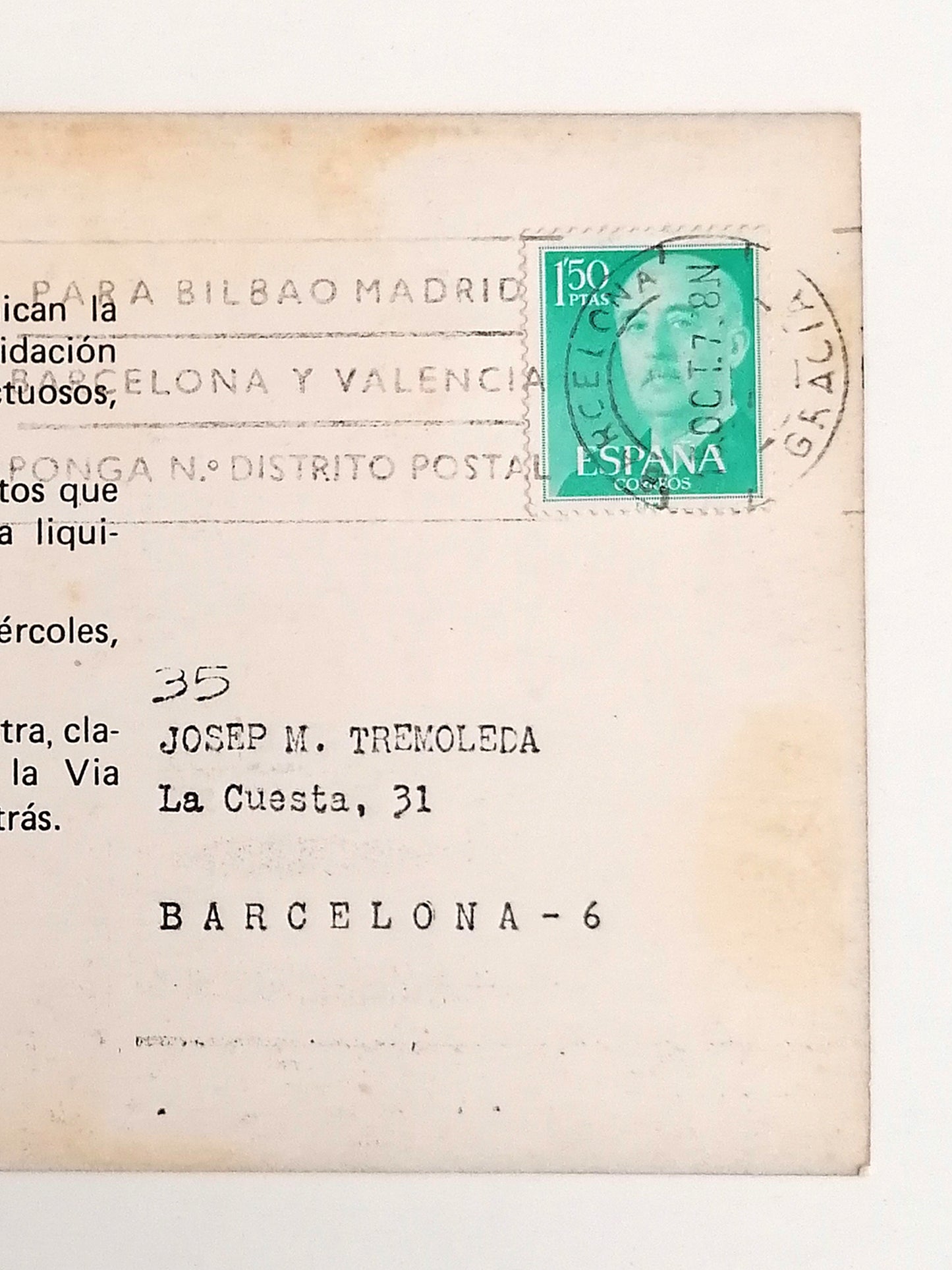 1975 Vinçon Green Hand Six Fingers Postcard to Josep M. Tremoleda
