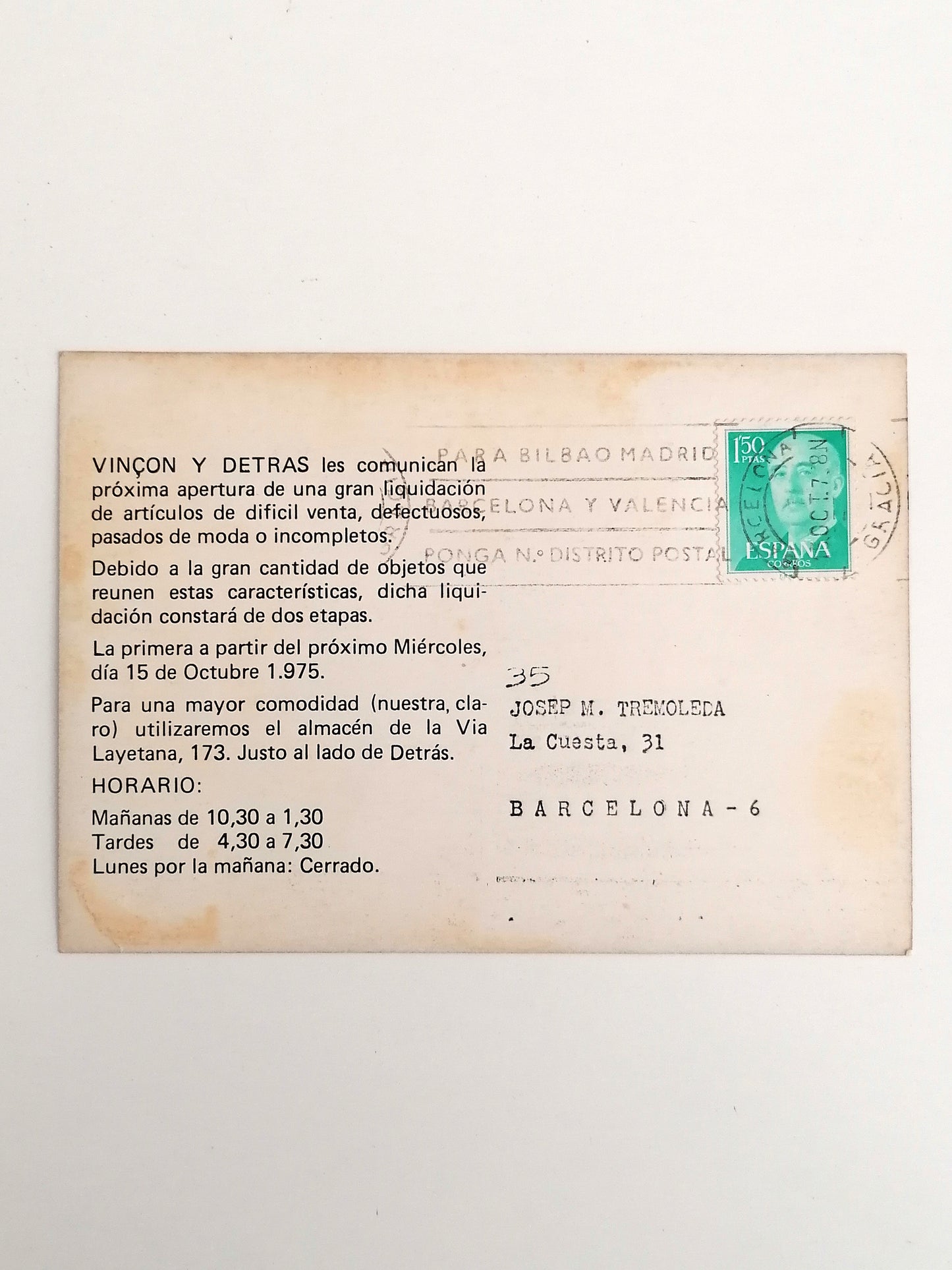 1975 Vinçon Green Hand Six Fingers Postcard to Josep M. Tremoleda