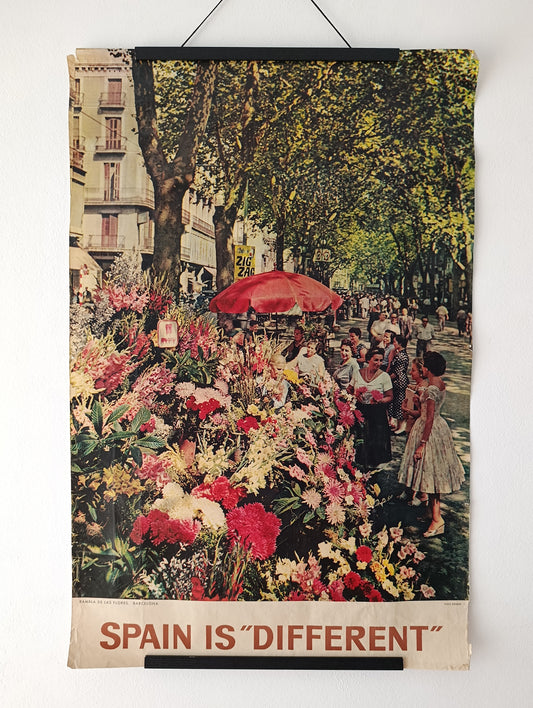 1958 Spain Travel Poster Las Ramblas Mid Century Decor