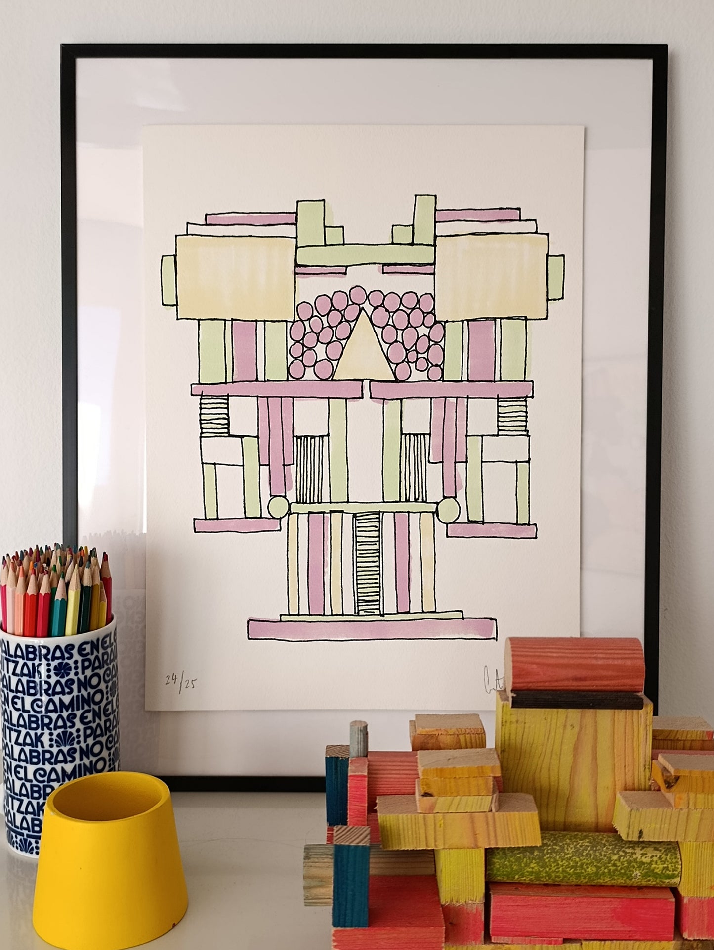 Abstract Geometric Signed Art Purple Green Yellow by Cristian Montesinos