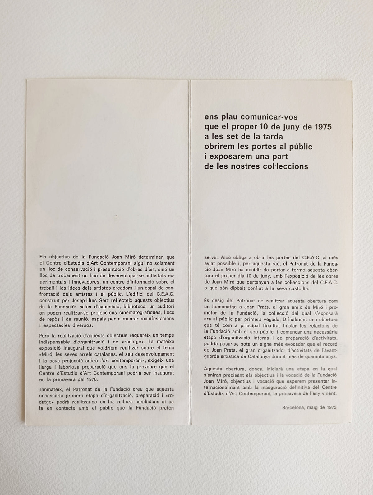 1975 Art Exhibition Brochure from Inaguration Joan Miró Foundation