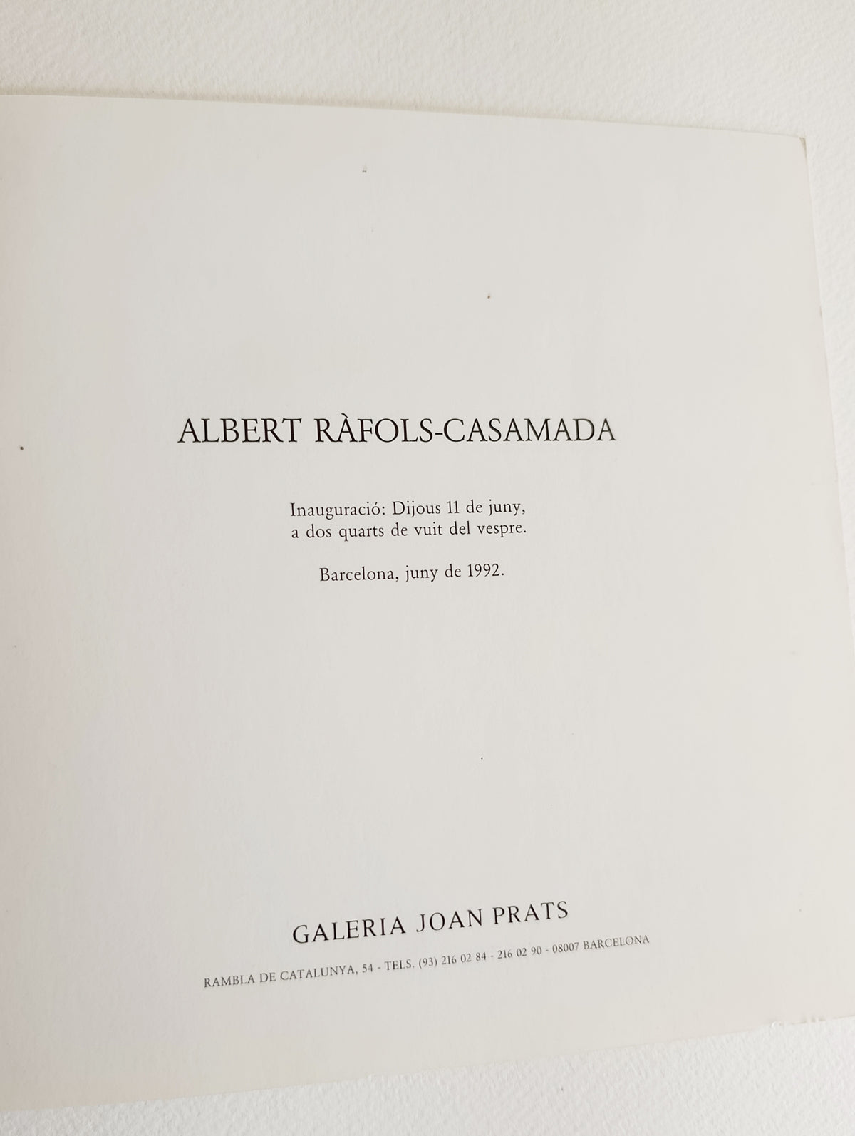 1992 Ràfols Casamada Joan Prats Art Exhibition Invitation