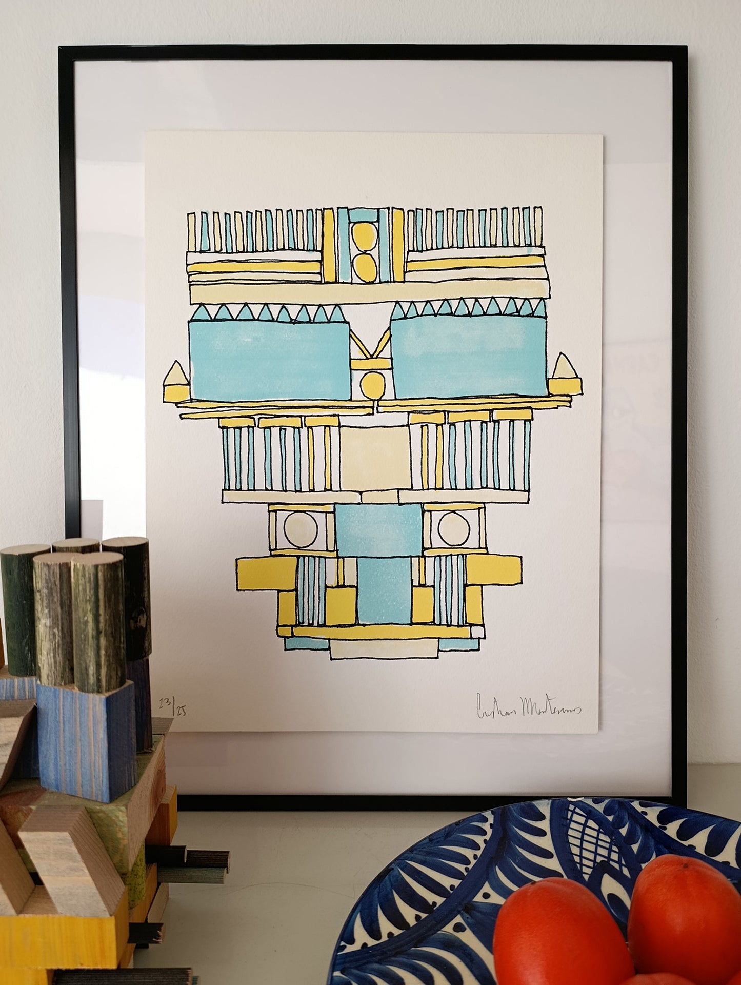 Abstract Geometric Signed Art Blue Yellow by Cristian Montesinos