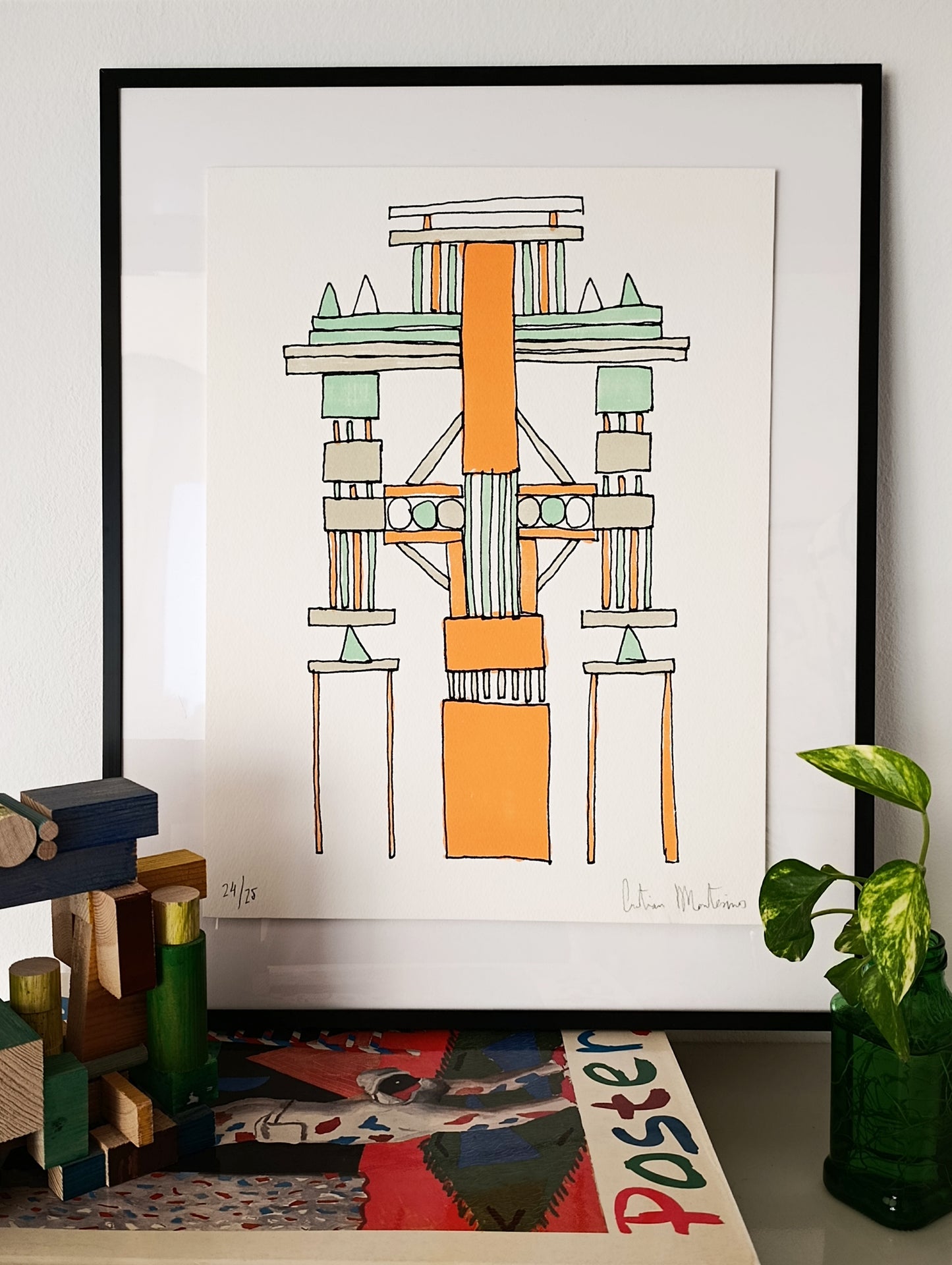 Abstract Geometric Signed Art Orange Green by Cristian Montesinos