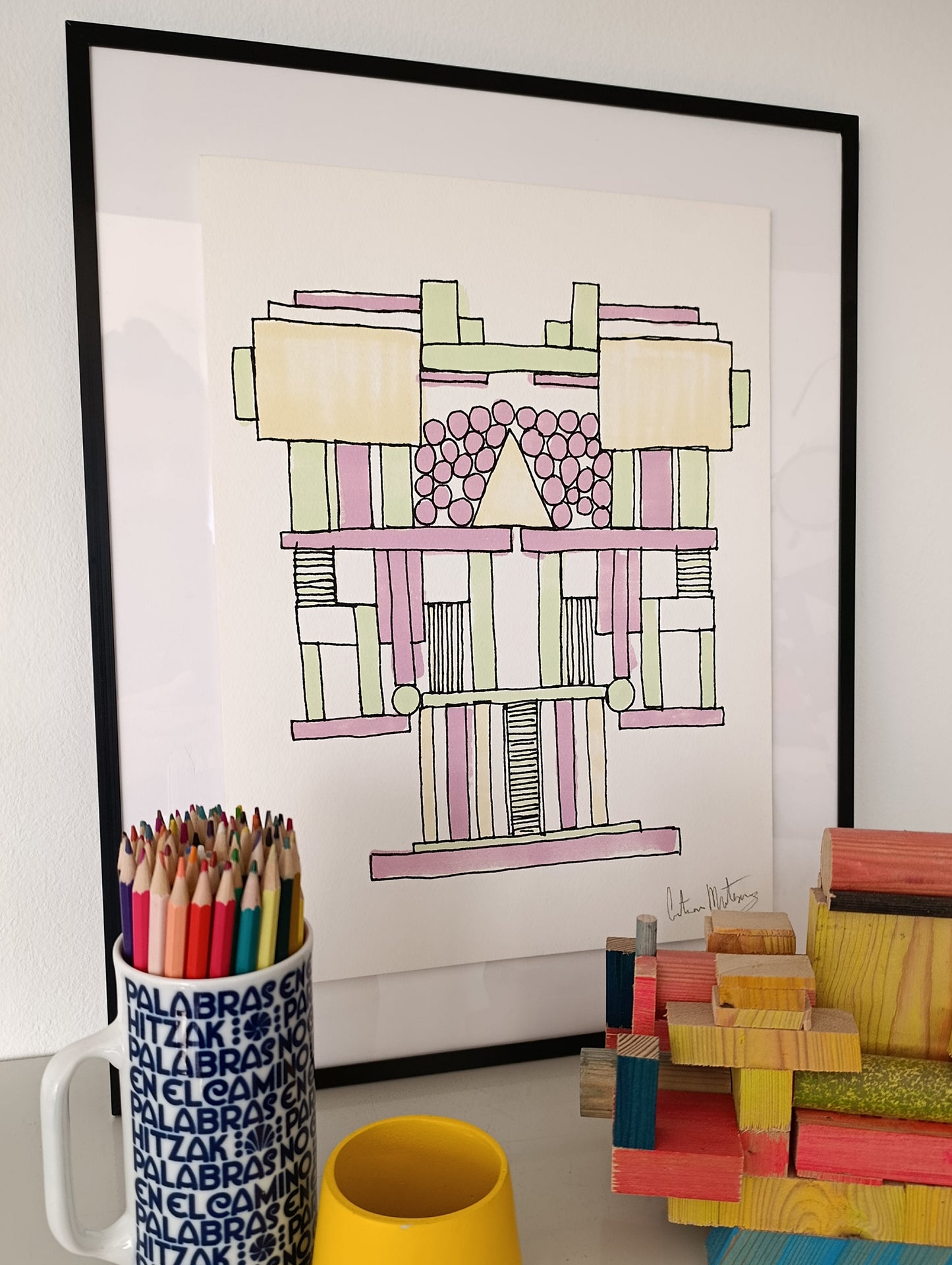 Abstract Geometric Signed Art Purple Green Yellow by Cristian Montesinos