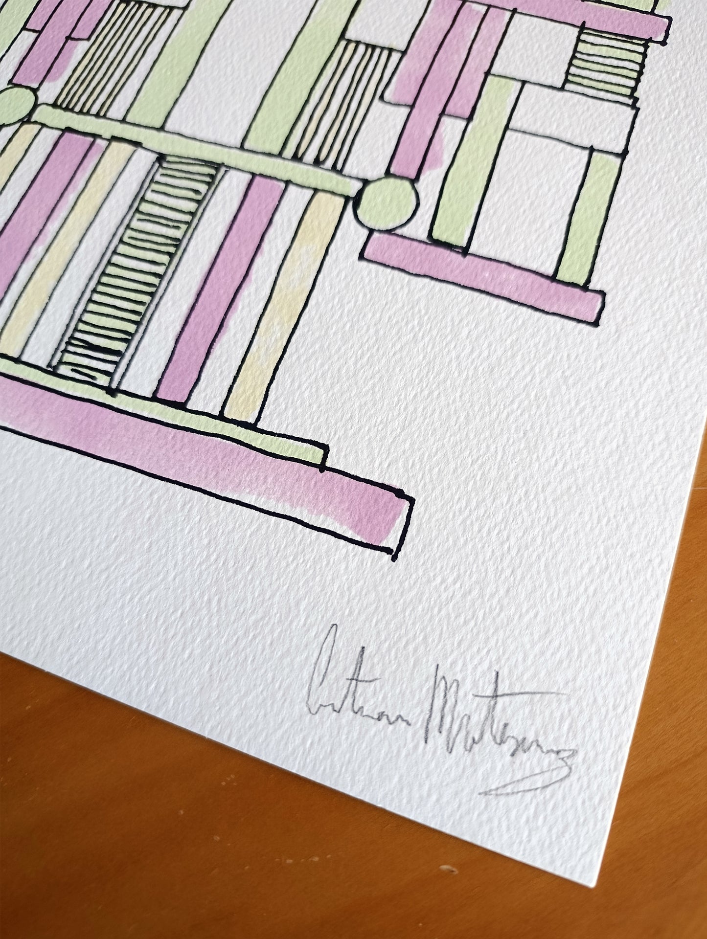 Abstract Geometric Signed Art Purple Green Yellow by Cristian Montesinos