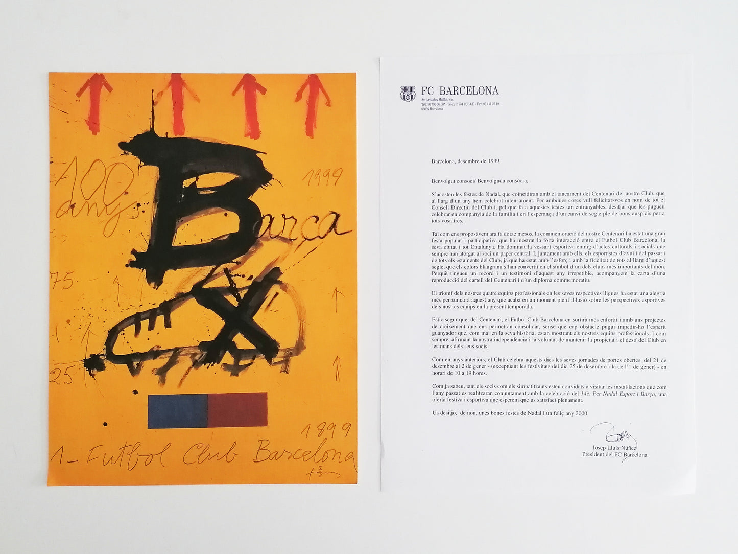 1999 Fc Barcelona Memorabilia Antoni Tapies Christmas card + Letter