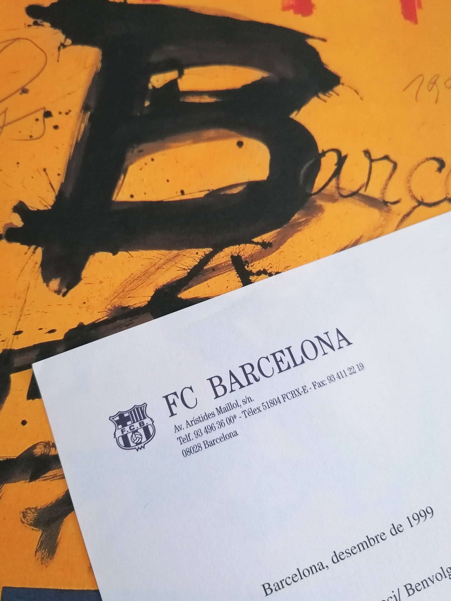 1999 Fc Barcelona Memorabilia Antoni Tapies Christmas card + Letter