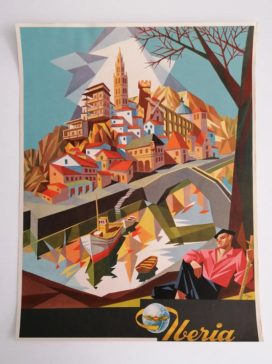 1959 Iberia Airlines Travel Poster "Small Town"